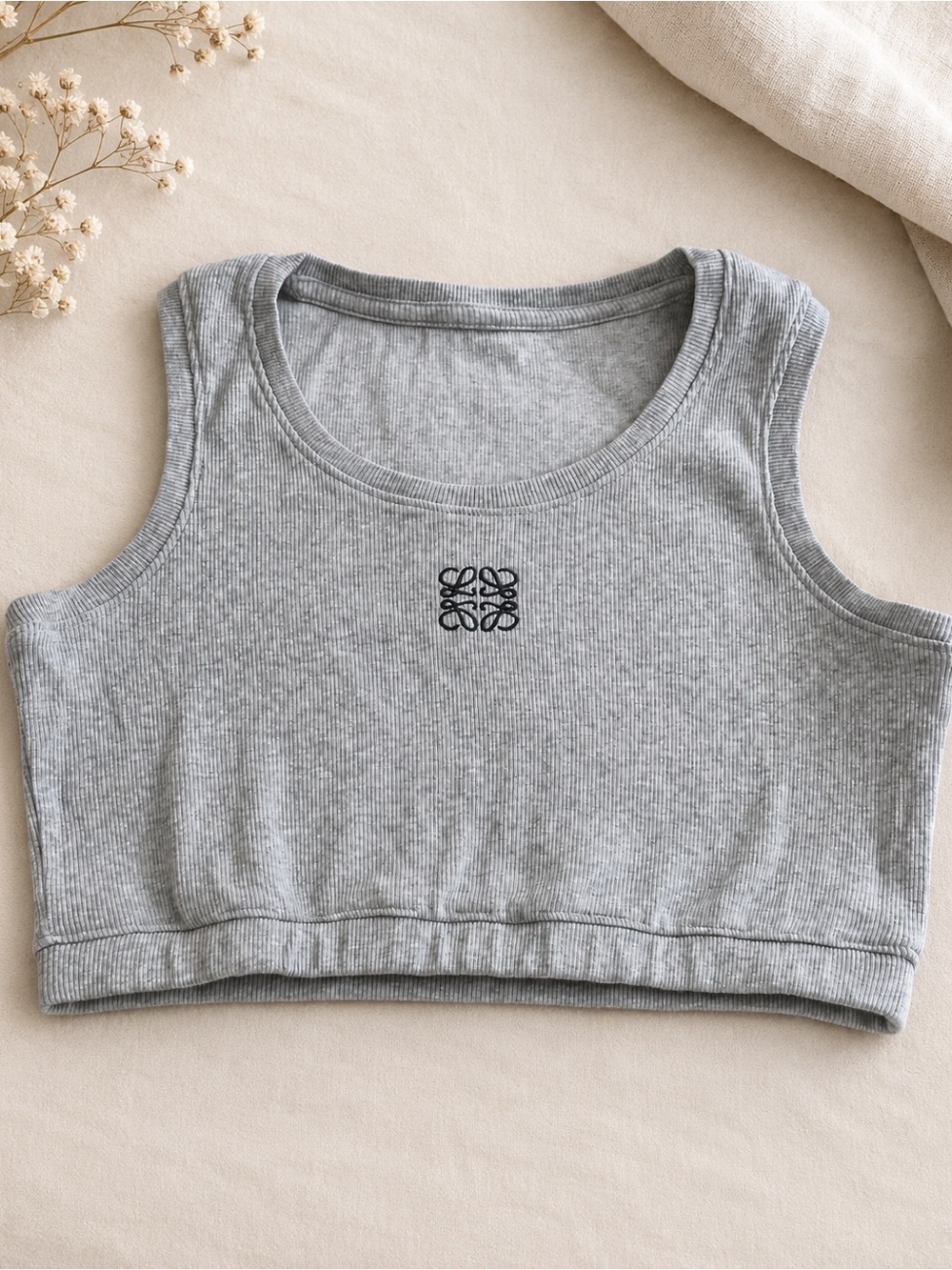 Grey Ribbed Crop Tank Top with Embroidered Logo